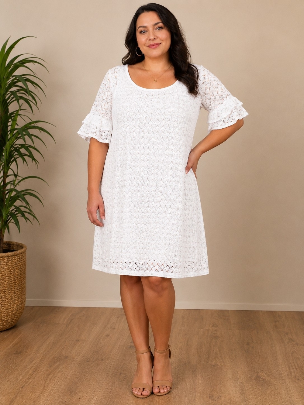 Ronni Nicole White Lace Ruffle Sleeve Dress